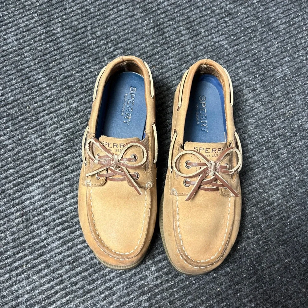 Sperry Authentic Original Boat Shoes Kids 1M Tan Leather Sahara Loafers 61394